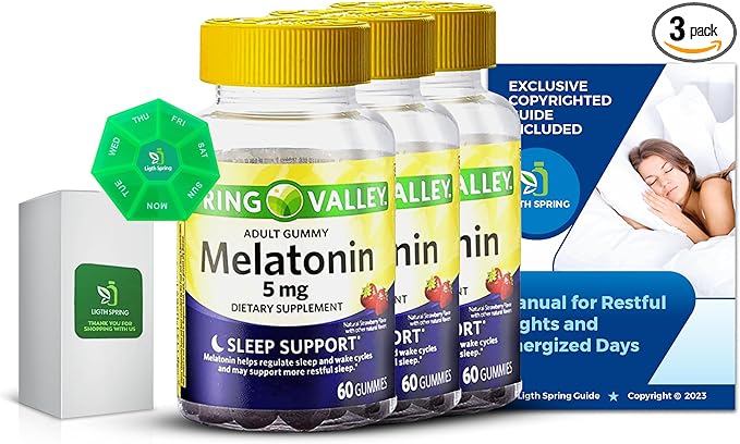 Melatonin Adult Gummies 5 mg Sleep Support 60 Count (3 Pack) with Bundle Exclusive Better Ligth&ampSpring Guide + Weekly Pill Organizer (5 Items)