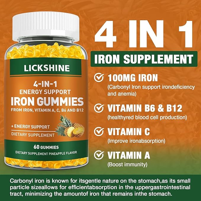 2 Pack Vegan 100MG Iron Supplement Gummies for Women &amp Men - with Vitamin C A B for Adults &amp Kids - Energy Support for Iron Deficiency Anemia - Pineapple Flavor (120 Ct)