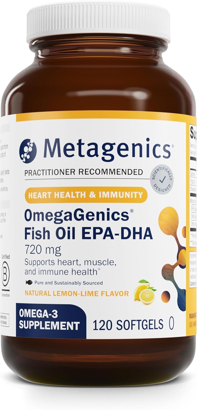Metagenics OmegaGenics Fish Oil EPA-DHA 720 mg - High Potency Omega-3 Supplement* - Supports Heart Joint Brain &amp Immune Health* - Sustainably Sourced Purity-Tested Fish Oil - 120 Softgels