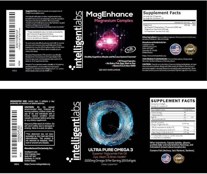 Intelligent Labs 2-in-1 Bundle of MagEnhance Magnesium Complex (Magtein L-Threonate Glycinate and Taurate) and Omega-3 Triglyceride Fish Oil Softgels Supplement (2250mg per Serving)