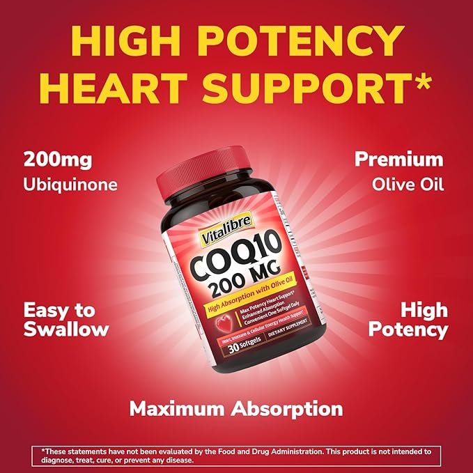 CoQ10 200 mg with Extra Virgin Olive Oil High Absorption CoQ10 Ubiquinone Max Potency Heart &amp Cellular Energy Support Powerful Antioxidant Easy to Swallow Once Daily 30 Softgels
