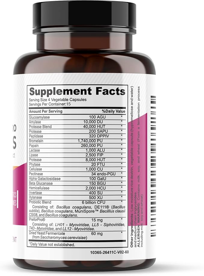 Digest + Postbiotics Supplement for Women and Men Multi Enzymes Organic Prebiotic &amp Probiotic for Digestive Health with Bromeline Papin and Lipase Non-GMO Gluten-Free 60 Vegetarian Caps