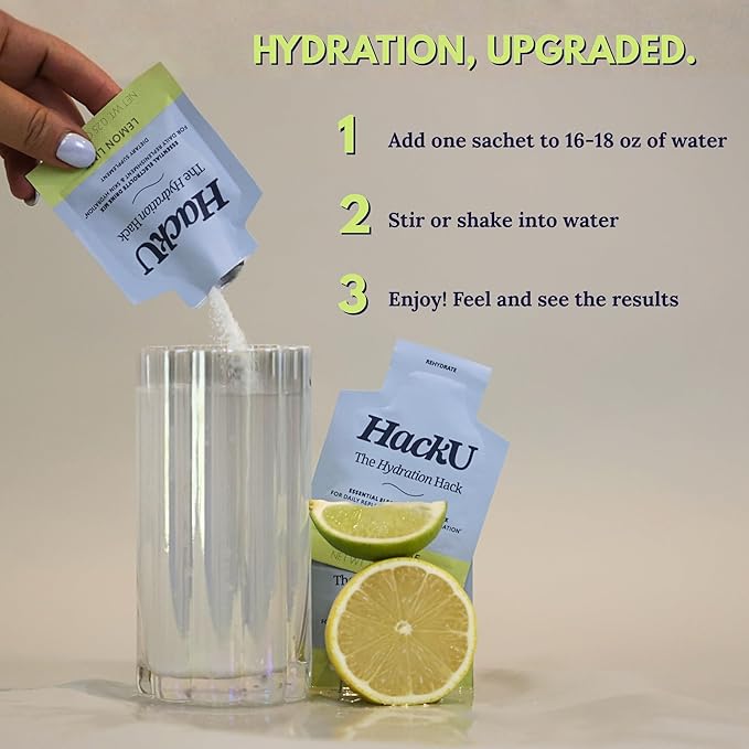 HackU Sugar-Free Electrolyte Packets for Body and Skin Hydration Support | Lemon Lime | 25ct | Drink Mix
