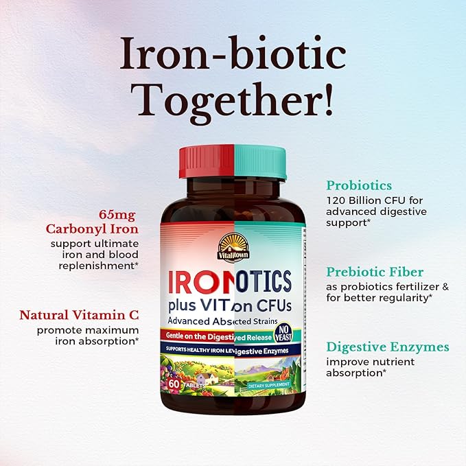 Vitalitown Probiotic + Iron Supplement Bundle | Probiotics 120 Billion (Item 1) &amp 65mg Iron Suplement (Item 2) | Gut Bone Muscle Blood Building Energy | Vegan | 30 Capsules &amp 60 Tablets