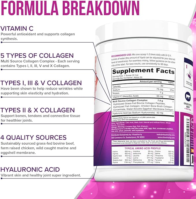 Multi Collagen Peptides Powder for Women - Hydrolyzed Flavored Collagen Powder for Women with Types I II III V &amp X Vitamin C &amp Hyaluronic Acid for Hair Skin and Nails (Strawberry) - 30 Serving