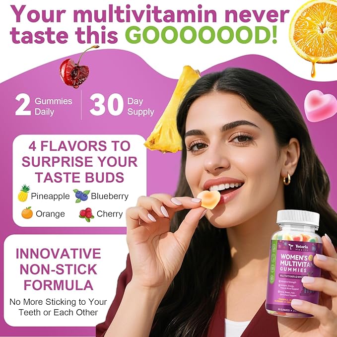 Totaria Sugar Free Womens Multivitamin Gummies with Iron Women's Multivitamin w/Vitamins C D3 K2 B12 B6 Filled Gummies for Daily Nutritional Support| Immune Support| Skin Health Mixed Flavors