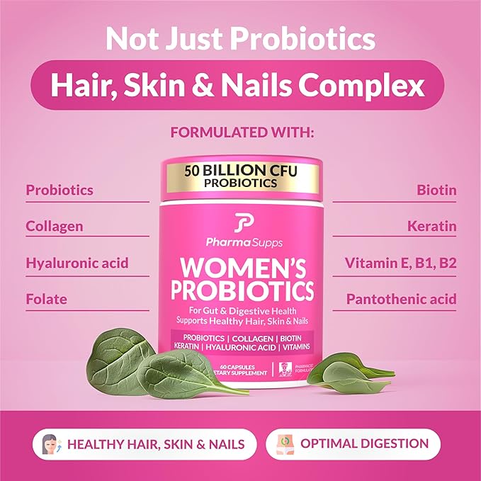 ADVANCED Women's Probiotics for Gut Health - Hair Skin &amp Nails Vitamins Support - 50 Billion CFU w/ Collagen Biotin &amp Keratin - Probiotic Supplement for Digestive Health &amp Bloating Reli