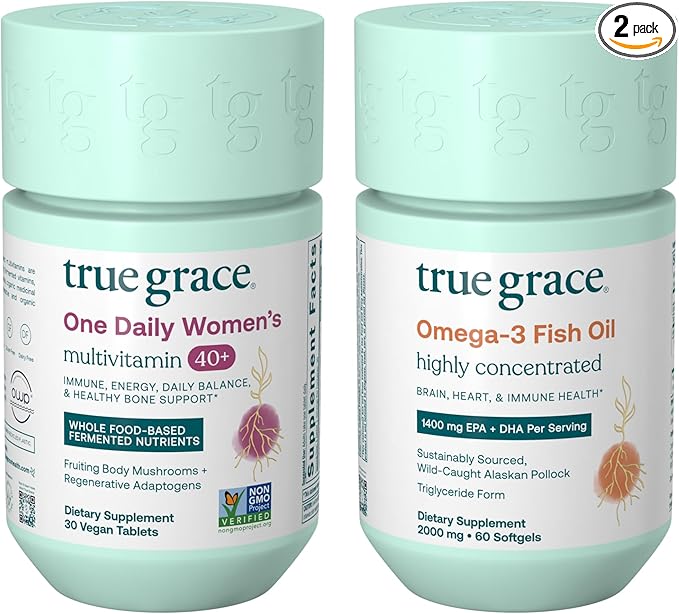 True Grace One Daily Women’s Multivitamin 40+ (30 Vegan Tablets) &amp Omega-3 Fish Oil (60 Softgels) - Gluten Free Soy Free Organic - 30-Day Supply of Each