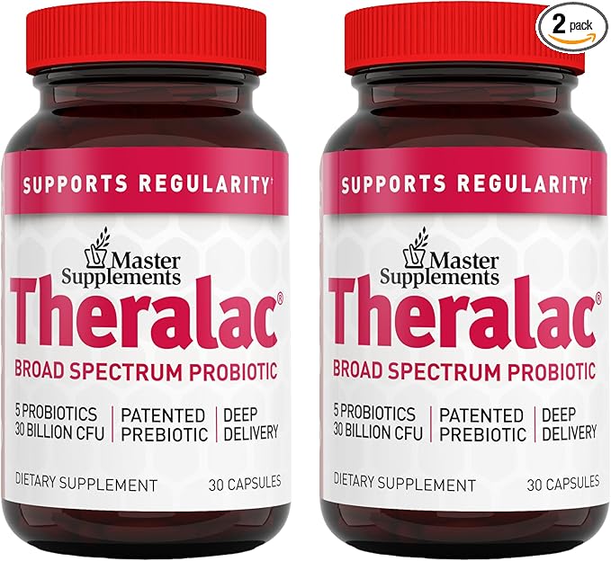 Master Supplements Theralac - 30 Capsules Pack of 2 - Multi-Strain Probiotic for Optimal Gut Health + Gas &amp Bloating Relief - Gluten Free - 60 Servings