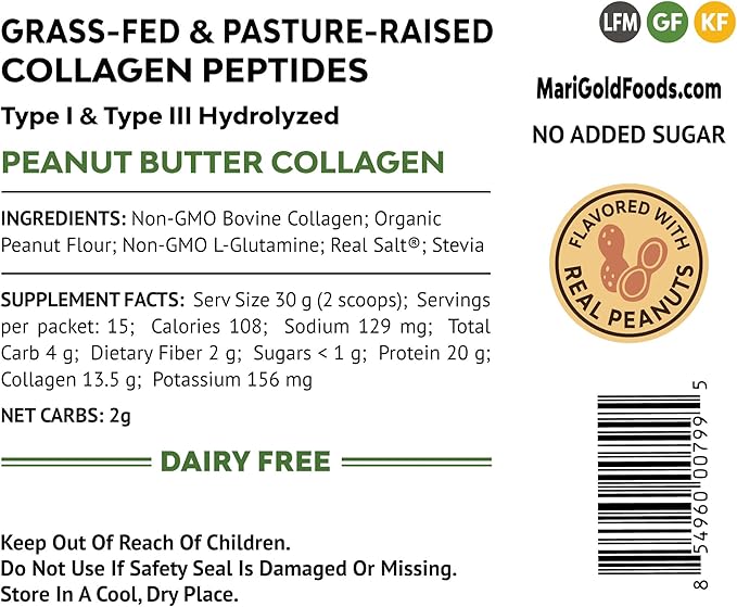 MariGold Grass-fed Collagen Peptides Powder Peanut Butter 1LB - 100% Pure Type I &amp III Bovine Hydrolyzed Collagen Non-GMO Hormone Free Soy Free Gluten Free Dairy Free Keto-Friendly