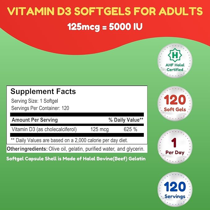 SHIFAA NUTRITION Halal Vitamin D Halal Vitamin D3 5000 IU Softgels 120 Servings. Non-GMO Gluten-Free Supports: Structure Bones Teeth Heart Muscle &amp Immune Functions
