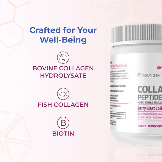 Youngevity Collagen Peptides Powder – Hair Skin &amp Nail Support with Hydrolyzed Type I &amp II Biotin Vitamin B12 Antioxidants &amp Alpha Lipoic Acid – Bone &amp Bone Health – Berry Flavor –