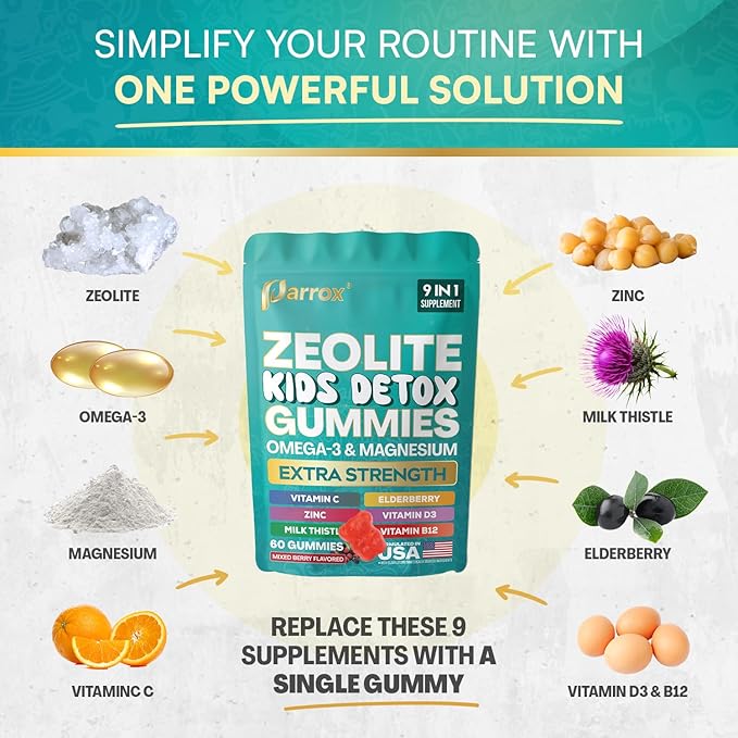 Zeolite Kids Gummies 9-in-1 with Zeolite Omega-3 Magnesium Elderberry Vitamin C Milk Thistle Vitamin D3 Zinc B12 – Sugar-Free (60 Gummies – Mixed Berry Flavor)