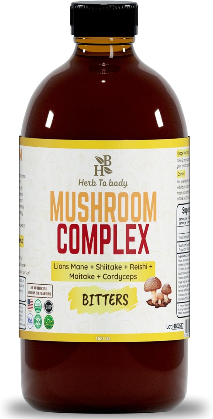 Herb to Body Mushroom Bitters Liquid Herbal Mushroom Blend - Non-GMO Gluten-Free &amp Vegan Perfect for Culinary Creations &amp Herbal Blends Wildcrafted 16 fl oz
