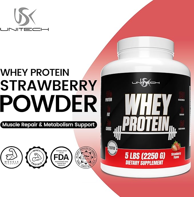 Unitech USK Whey Protein Strawberry Powder | Muscle Repair &amp Metabolism Support | Protein with Essential Amino Acids Enzymes &amp Minerals | Sports Supplement | Strawberry Flavor 80oz