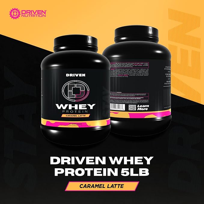 Driven WHEY- Whey Protein Powder: Delicious Clean Protein Shake- Improve Muscle Recovery with 23 Grams of Protein with Added BCAA and Digestive Enzymes (5lb Caramel Latte)