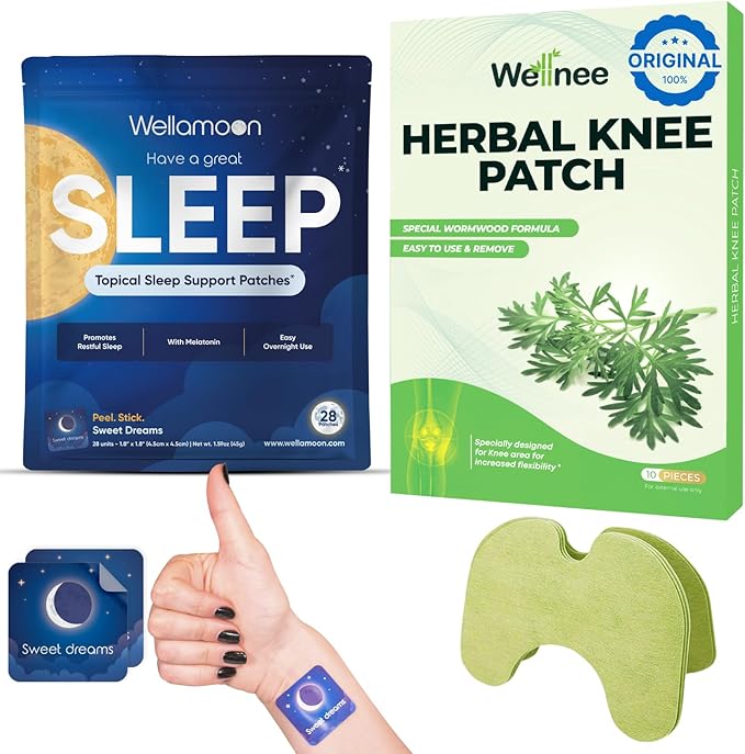Wellnee &amp Wellamoon Wellness Pack: Herbal Knee Comfort Patches (10 Count) &amp Natural Sleep Support Patches (28 Count) – Joint &amp Muscle Comfort with Plant-Based Sleep Aid