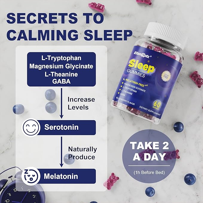 Sleep Gummies Melatonin Free with Magnesium Glycinate L-Tryptophan GABA L-Theanine Ashwagandha Natural Sleep Aid Calm Relax Gummy No Melatonin for Adults Extra Strength without Melatonin 60Cts