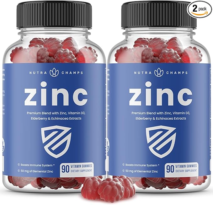 NutraChamps 4-in-1 Zinc Gummies 50mg Chewable Zinc Supplement Gummies with Vitamin D3 2000 IU Elderberry &amp Echinacea Immune Heart &amp Brain Support 180 Count (Pack of 2)