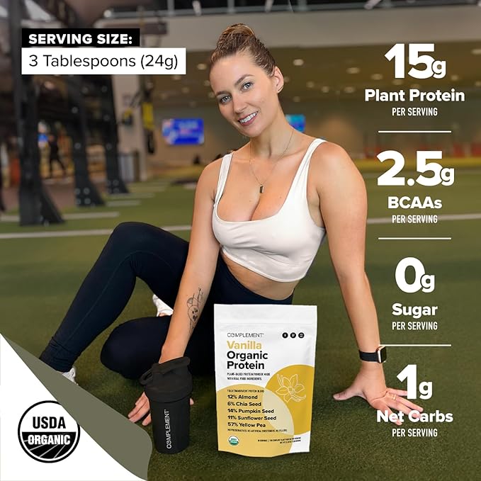 Complement Organic Vanilla Vegan Protein Powder (30 Serving) Low Carb Low Calorie Sugar Free Soy Free Non-GMO Gluten Free Non Dairy- Yellow Pea Pumpkin Seed- 15g Plant Based Protein Powder