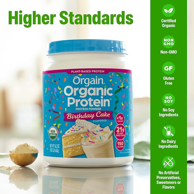 Orgain Organic Vegan Protein Powder Birthday Cake - 21g Plant Based Protein 7g Prebiotic Fiber Low Net Carb No Lactose Ingredients No Added Sugar Non-GMO for Shakes &amp Smoothies 1.02 lb