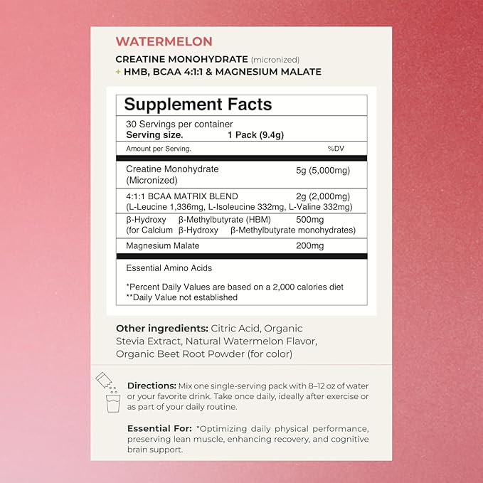 plenti Watermelon Creatine Monohydrate Powder – 30 Individual Sachets – 5g per Serving – Sugar Free