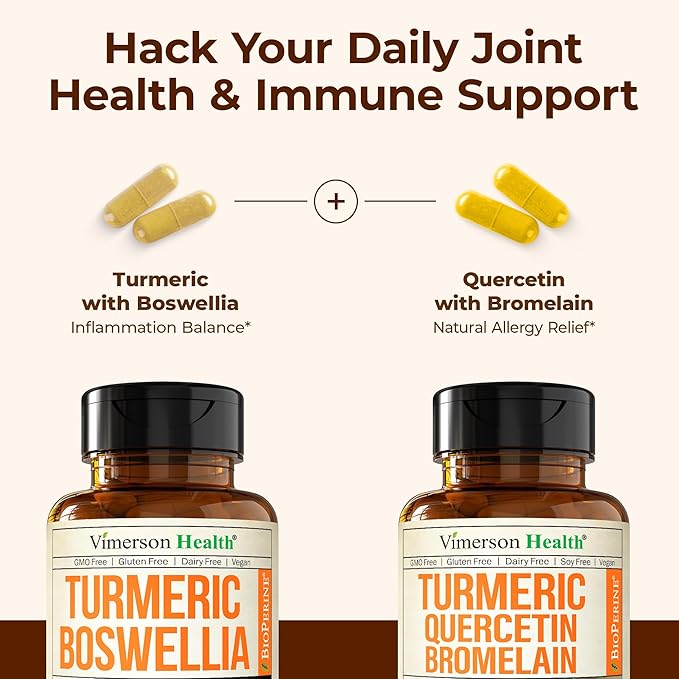 Boswellia Turmeric Curcumin Supplement + Quercetin with Bromelain Bundle – Allergy Relief Joint Health &amp Immune Support – with Ginger Root Organic Turmeric Powder Black Pepper (Bioperine)