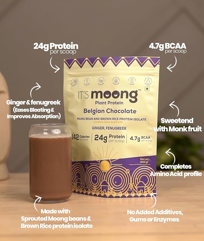 It's Moong Mung Bean &amp Brown Rice Isolate Plant Protein 24gms per Serve 4.7gms BCAA Belgian Chocolate 500gms Sprouted Plant Based Protein Easy on the Gut Easy Digestibility