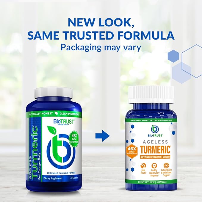 BioTrust Ageless Turmeric Supplement - CurcuWIN Turmeric Curcumin with Ginger Extract - 46x More Bioavailable High Absorption Long Lasting - Antioxidant Support (60 Capsules) (Pack of 2)