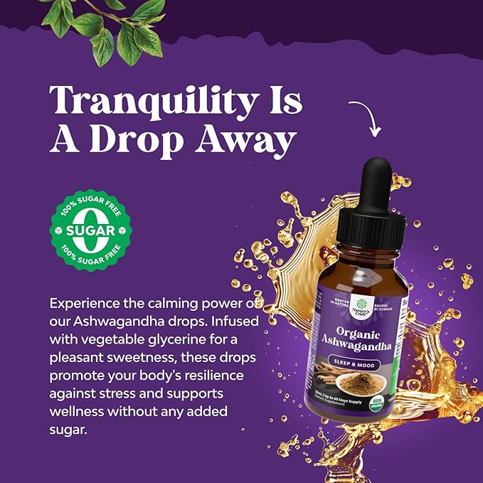 USDA Organic Ashwagandha Liquid Drops - Liquid Ashwagandha Root Extract for Stress and Mood Support - Tasty Adaptogenic Tincture Non GMO Vegan Gluten Alcohol and Sugar Free 1 Fl Oz (Pack of 2)