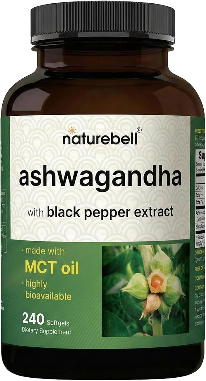NatureBell Ashwagandha with Black Pepper Extract - 240 Softgels - Made with MCT Oil - Highly Bioavailable