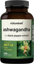 NatureBell Ashwagandha with Black Pepper Extract - 240 Softgels - Made with MCT Oil - Highly Bioavailable