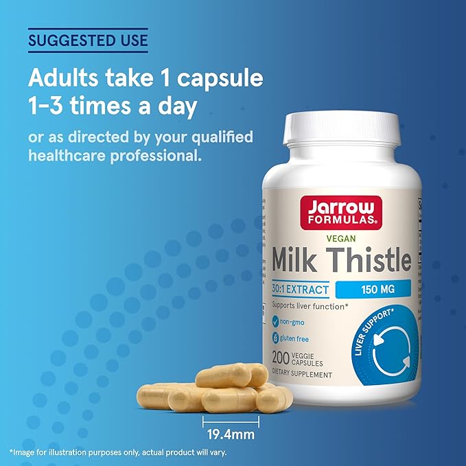 Jarrow Formulas Milk Thistle Supplement 150 mg 30:1 Milk Thistle Extract Standardized to 80% Total FlavonoidsDietary Supplement for Liver Function Support 200 Veggie Capsules for 200 Day(Pack of 2)