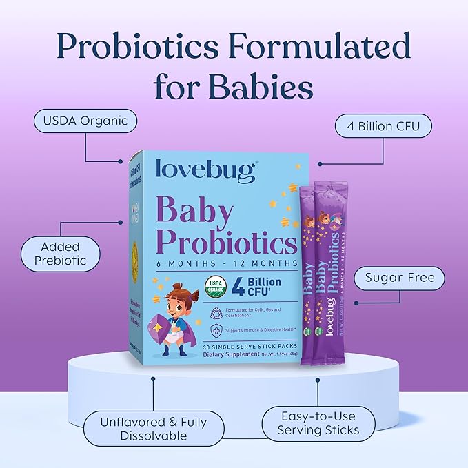 LOVEBUG Probiotics for Babies - Organic Baby Probiotics 6-12 Months for Baby Immune Support Gas Colic Diarrhea &amp Infant Constipation Relief Sugar-Free Tasteless Powder 30 Pack