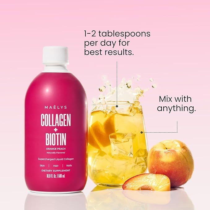 MAËLYS Super Charged Liquid Collagen for Women - Collagen Peptides Supplement with Biotin for Hair Skin and Nails - Orange Peach (Pack of 2)