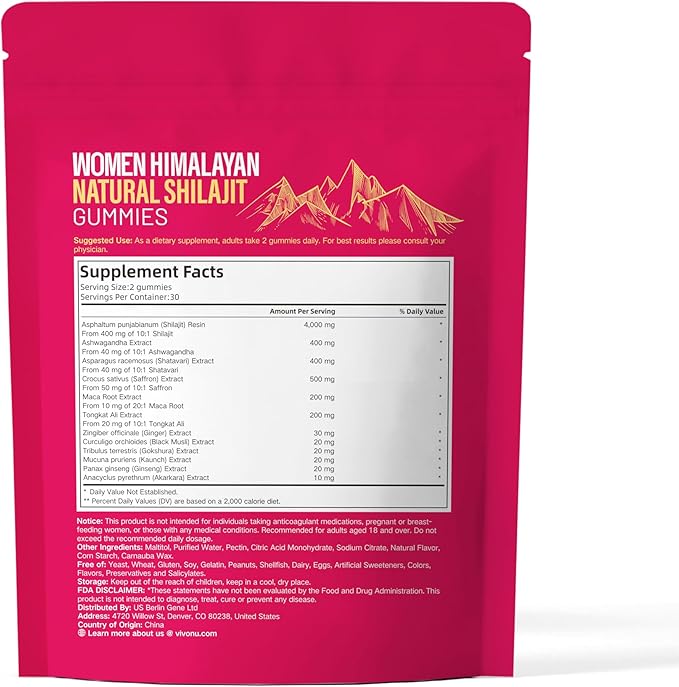 VivoNu Shilajit for Women Contains Tongkat Ali Ashwagandha* Ginger Saffron for hormonal* Balance &amp Energy | Tasty Shilajit Strawberry Flavor with Pure Himalayans Shilajitn* (1 Bag)