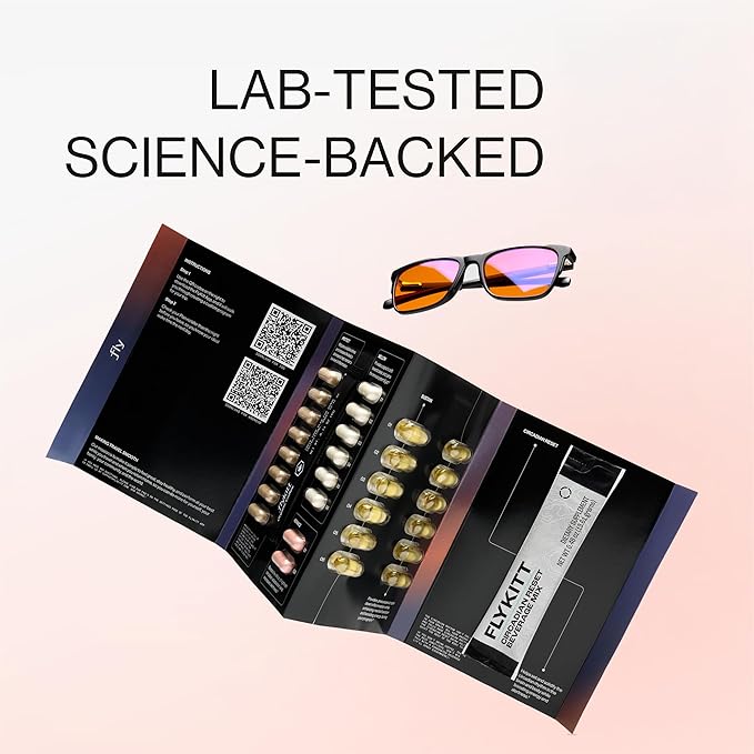 Flykitt Jet Lag Prevention Kit | Complete Travel Essentials with App-Guided Supplement Schedule &amp Blue Light Glasses | Stay Energized &amp Wake Up Refreshed for Your Entire Trip