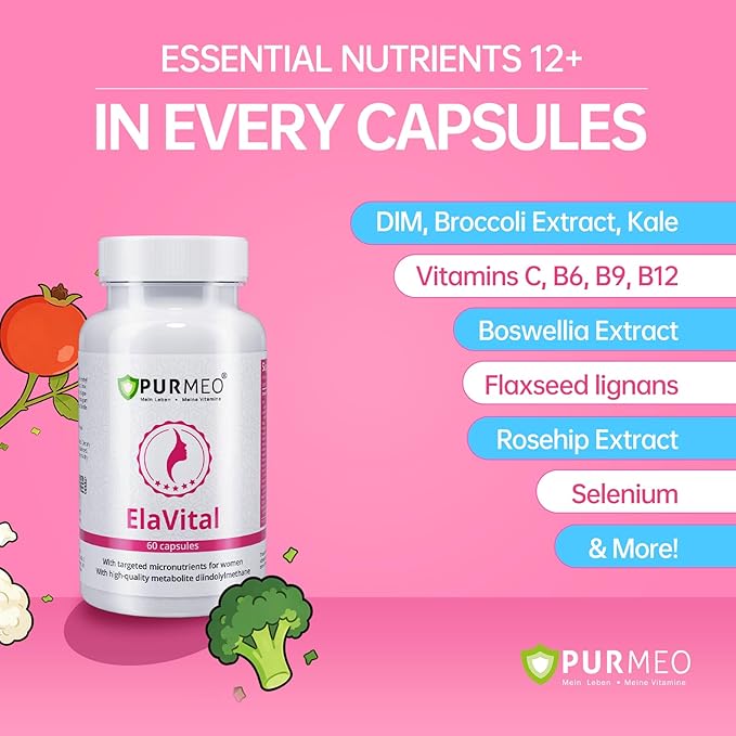 ElaVital Support Estrogen Dominance: Hormonal Imbalance PMS Breast Tenderness Mood Swings - DIM &amp Multivitamins Supplement for Women - Vegan Made in Germany 60ct