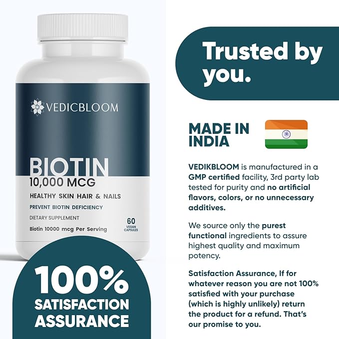 Biotin Capsules 10000 mcg High Potency 60 Vegan Capsules for Healthy Hair Skin and Nails Gluten Free Non GMO (3 180 Capsule)