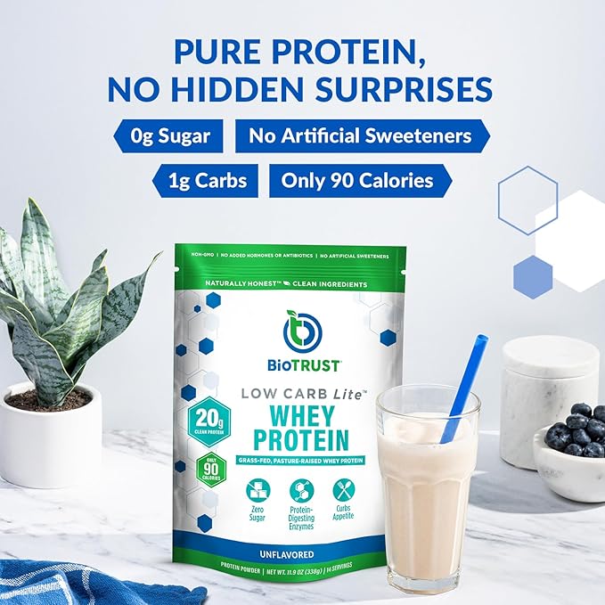 BioTrust Low Carb Lite Low Calorie Protein Powder – Low Carb Sugar Free Low Sodium Keto Protein Powder – 20g Grass-Fed Whey Protein Isolate with Digestive Enzymes – Unflavored 14 Servings
