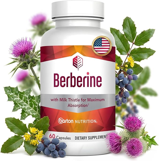 Berberine Supplement 800mg w/ Milk Thistle Berberina Capsules Supports Heart Health Weight Management Cholesterol &amp Blood Sugar Levels in a Normal Range - Non-GMO-60 count 30 Servings