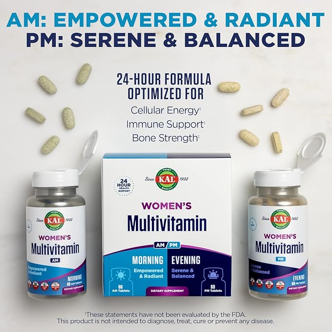 KAL Women's Multivitamin AM/PM 2-in-1 Multivitamins for Women with Ashwagandha Silica Organic Spirulina and GABA for Cellular Energy Bone Strength Immune Support Vegan 30 Servings 120 Tablets