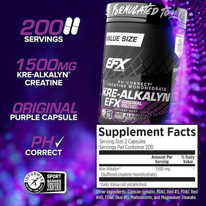EFX Sports Kre-Alkalyn EFX | pH Correct Creatine Monohydrate Pill Supplement | Strength Muscle Growth &amp Performance | 200 Servings 400 Capsules