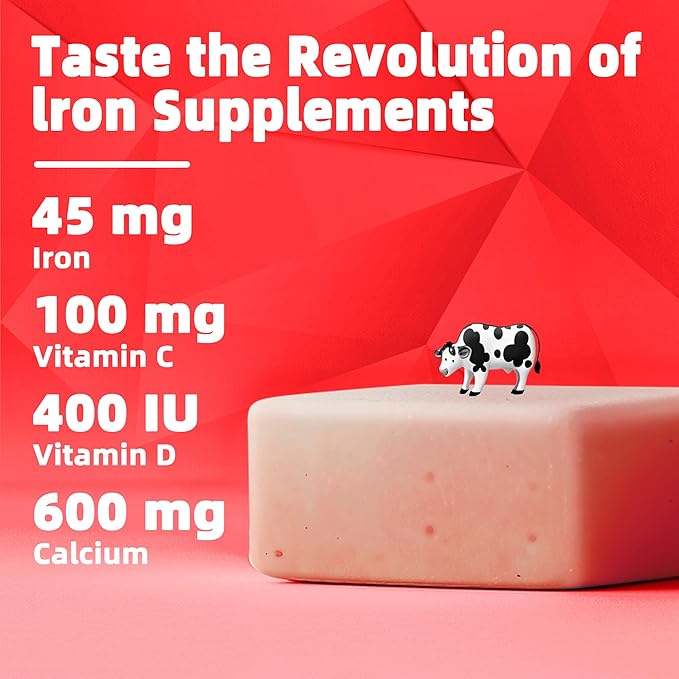 Iron Soft Chews Supplement with Vitamin C | Strawberry Flavored | Gluten Free | Iron Supplement for Women Men and Kids | 60 Count | 2 Month Supply