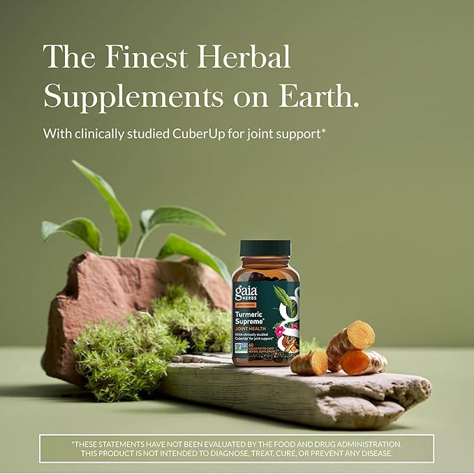 Gaia Herbs Turmeric Supreme Joint Health - Joint Support Supplement with Cucumber Quercetin Black Pepper Ginger Root Curcuminoids &amp More* - 60 Liquid Phyto-Caps (30 Servings)
