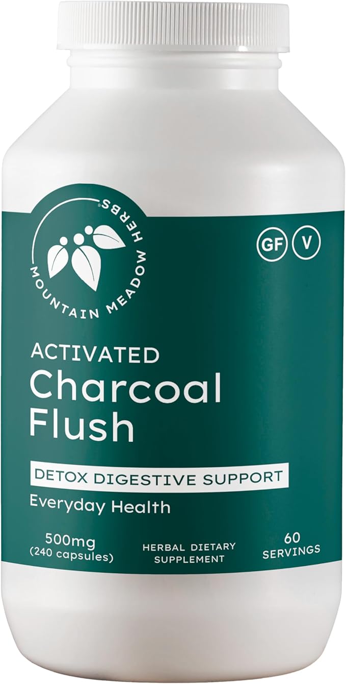 Mountain Meadow Herbs Activated Charcoal Flush – Natural Detox Cleanse Supplement for Digestion Gas Relief and Bloating Support – Activated Charcoal Capsules for Internal Cleansing 240ct