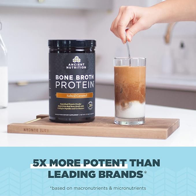 Ancient Nutrition Bone Broth Protein Powder Salted Caramel 20 Servings + Organic Supergreens Powder Greens Flavor 25 Servings