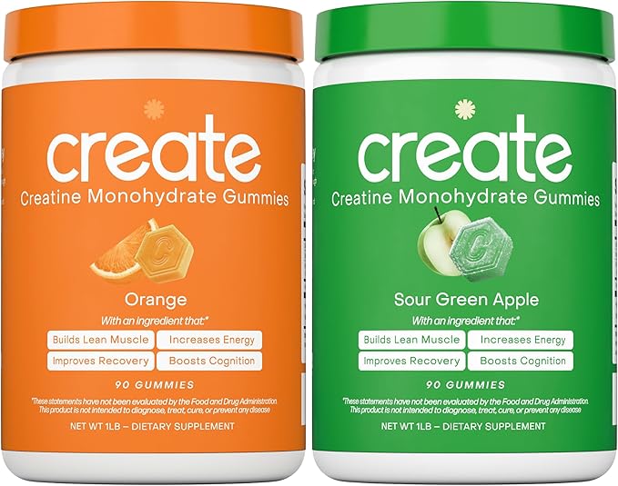 Create Creatine Monohydrate Gummies - Citrus Rush Duo - Sour Apple &amp Orange - Creatine Gummies for Women &amp Men NSF Certified 3rd Party Tested Anti-Melting Formula 180 Count (2-Pack)