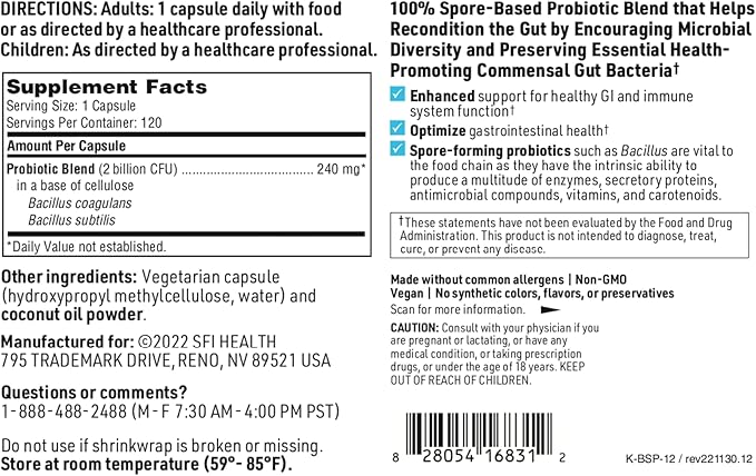 Klaire Labs SFI Health Biospora Probiotic - Bacillus Coagulans &amp Subtilis 2 Billion CFU for Digestive &amp Immune Support - Soil-Based Shelf-Stable Spore Forming Probiotic for Men &amp Women (1