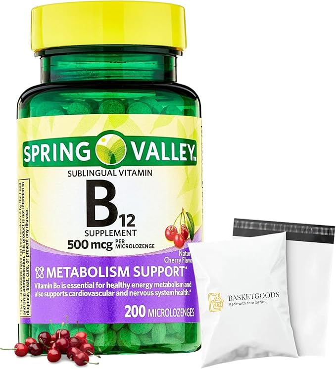 Sublingual B12 500 mcg- Spring Valley 500 mg Cherry Flavor 200 ct (Pack of 1) Set with Basket Goods Store